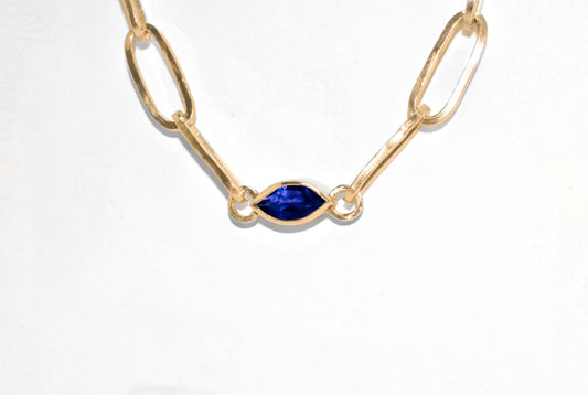 Ester | Handmade 10k Yellow Gold East to West Marquise Gemstone Paperclip Chain Bracelet | Diamond & Birthstone