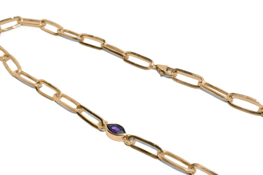Ester | Handmade 14k Yellow Gold East to West Marquise Gemstone Paperclip Chain Necklace | Diamond & Birthstone