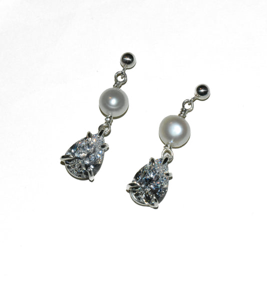 Adah Drop Earrings | Handmade Sterling Silver Akoya Pearl Drop Earrings | Diamond & Gemstone