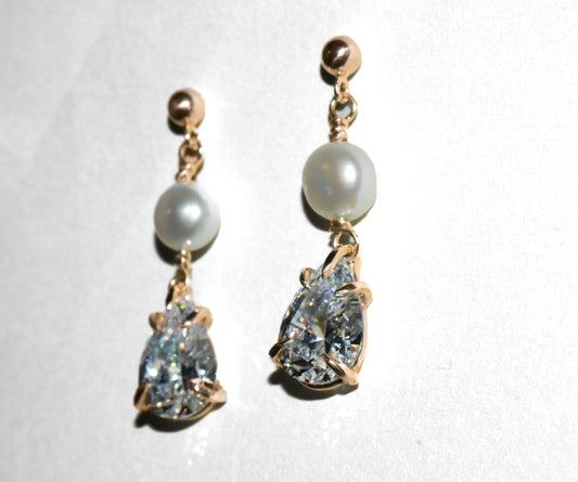 Adah Drop Earrings | Handmade 14k Yellow Gold Akoya Pearl Drop Earrings | Diamond & Gemstone