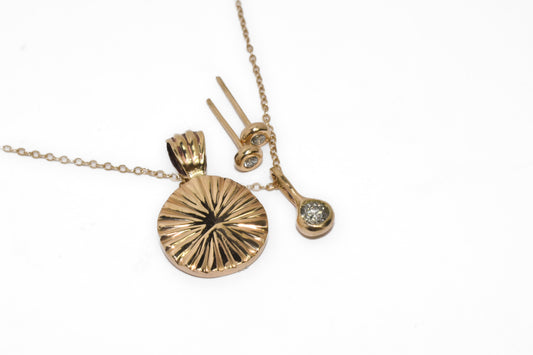 Custom Solitaire Gold & Diamond Pendant | Diamond Studs | Statement Textured Gold Coin Pendant | Custom Created Heirloom Redesign