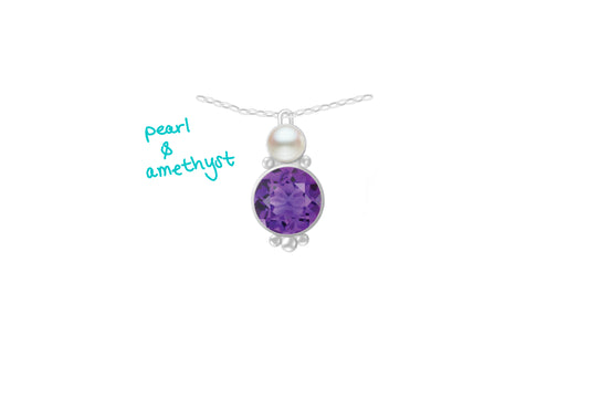 Gabriella’s Custom Amethyst & Pearl Bezel Set Sterling Silver Pendant With Ball Details
