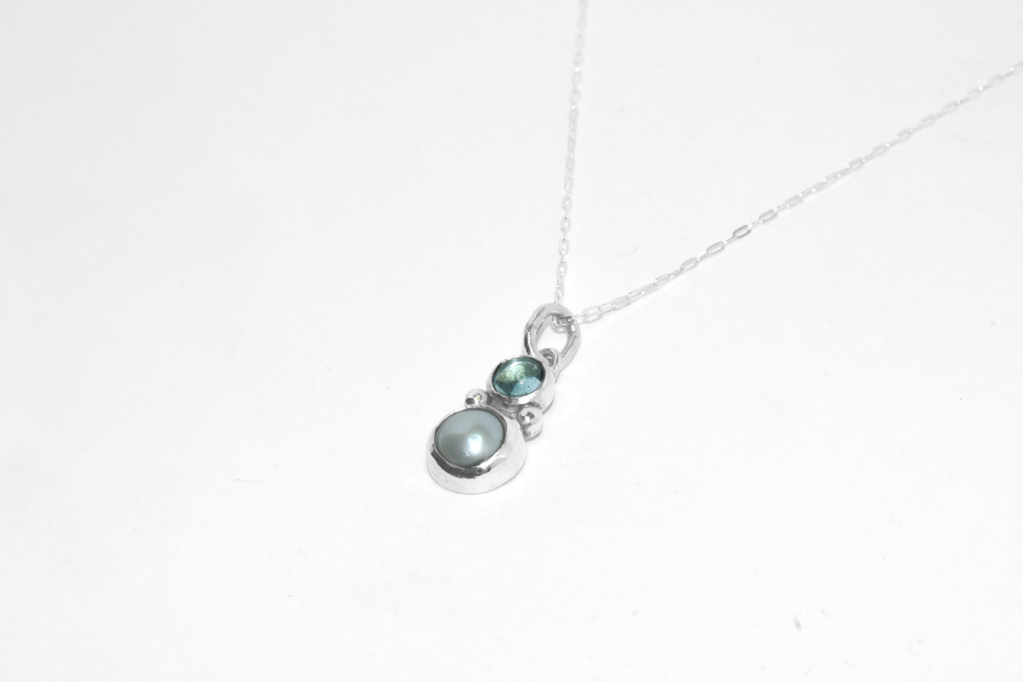 One of a Kind | Handmade Sterling Silver Pearl and Aquamarine Double Stone Pendant