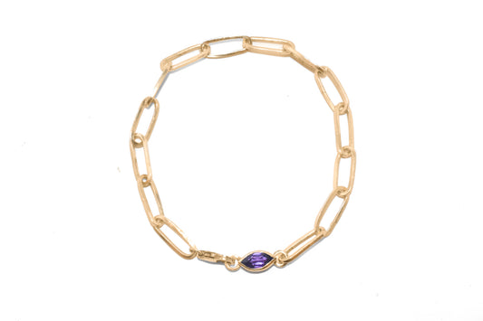 Ester | Handmade 10k Yellow Gold East to West Marquise Gemstone Paperclip Chain Bracelet | Diamond & Birthstone