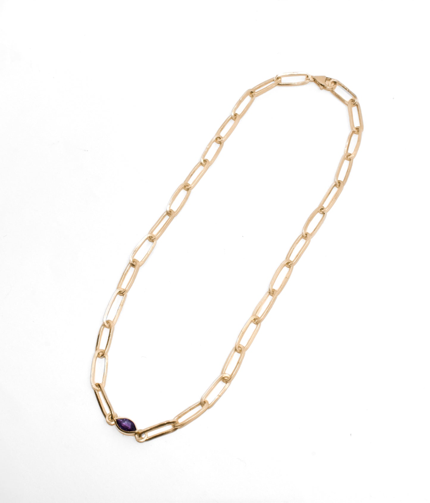 Ester | Handmade 10k Yellow Gold East to West Marquise Gemstone Paperclip Chain Necklace | Diamond & Birthstone