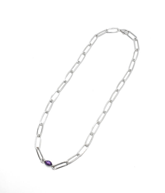 Ester | Handmade Sterling Silver East to West Marquise Gemstone Paperclip Chain Necklace | Diamond & Birthstone