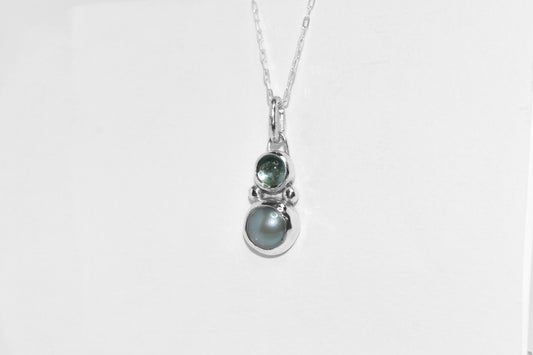 One of a Kind | Handmade Sterling Silver Pearl and Aquamarine Double Stone Pendant