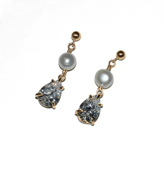 Adah Drop Earrings | Handmade 14k Yellow Gold Akoya Pearl Drop Earrings | Diamond & Gemstone