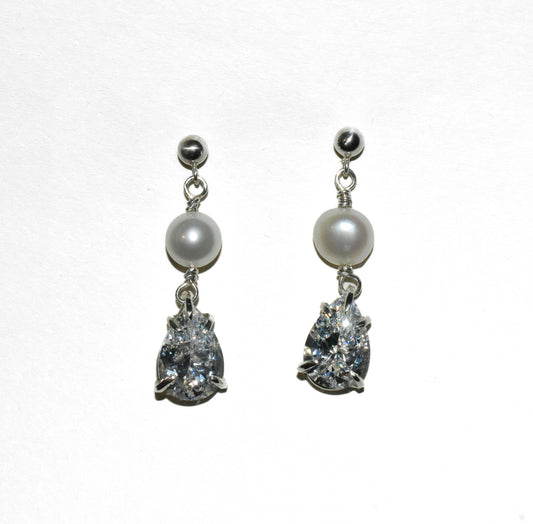 Adah Drop Earrings | Handmade Sterling Silver Akoya Pearl Drop Earrings | Diamond & Gemstone